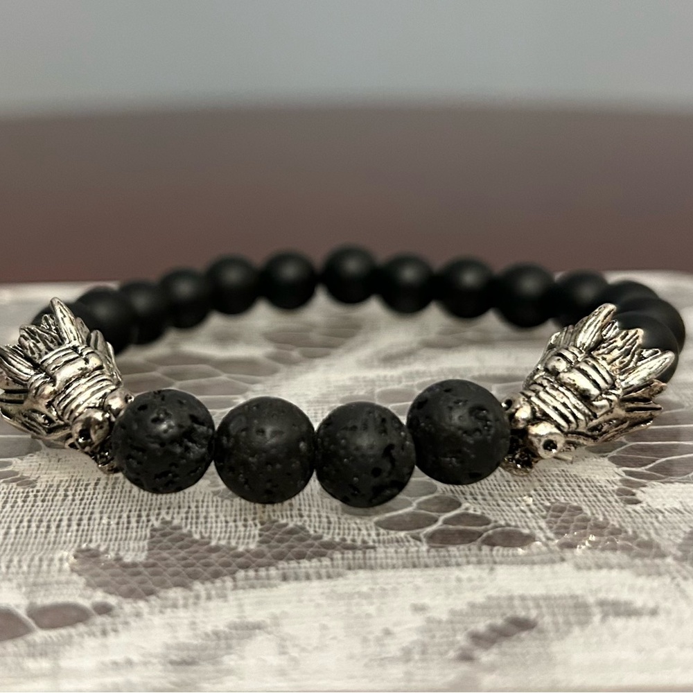Silver Tone Dragon w/ Black Onyx and Natural Lava Stone Bracelet